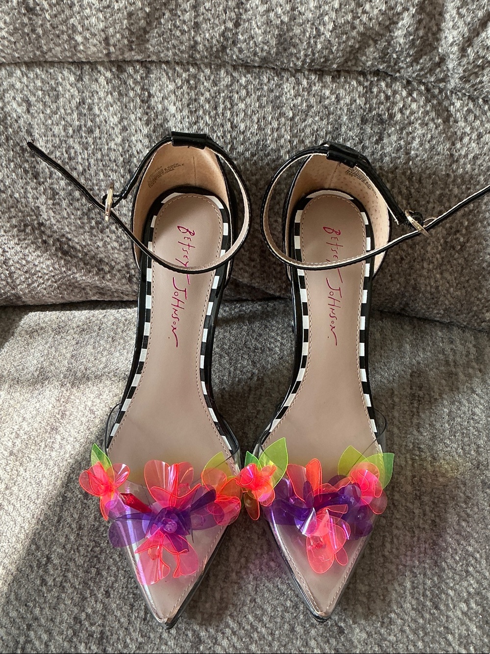Betsey Johnson Black Pointed Ankle-Strap Pumps with Neon Floral Appliqués